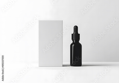 create an ultra-realistic mockup of the white blank box next to it. The bottle is made of glass and has a dropper top design. It's set against a light gray background design