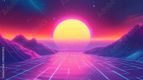 Retro Futuristic Sunset with Neon Grid and Mountain Silhouettes