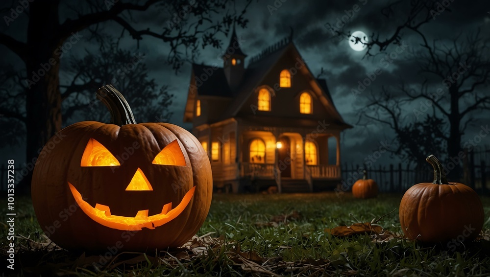 Pumpkin glowing with candlelight in front of a haunted house. Pumpkin glowing with candlelight in front of a haunted house.