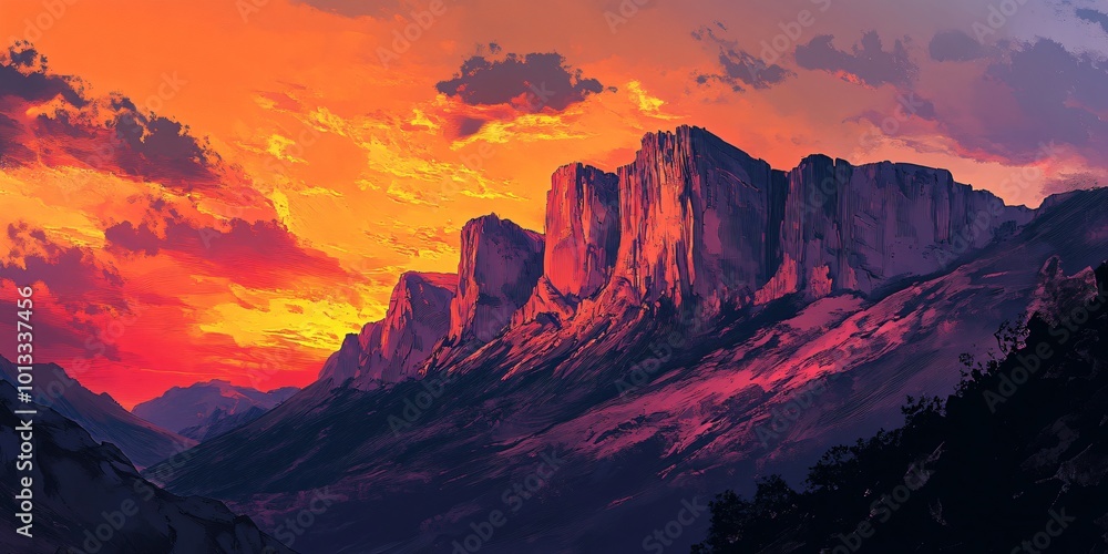 Obraz premium A digital painting of a mountainous landscape with a fiery sunset sky.