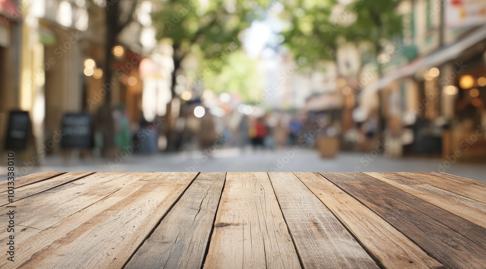 Wooden surface in a city marketplace setting, featuring a blurred background of bustling streets and people, atmosphere of an outdoor market with rustic texture and empty space, product display Wooden surface in a city marketplace setting, featuring a blurred background of bustling streets and people, atmosphere of an outdoor market with rustic texture and empty space, product display