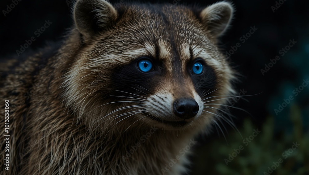 Raccoon with glowing blue eyes at night. Raccoon with glowing blue eyes at night.