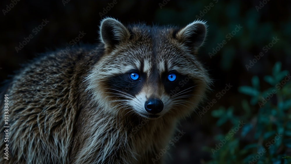 Raccoon with glowing blue eyes at night. Raccoon with glowing blue eyes at night.