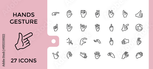 hand gesture showing thin line icons set, Collection of Gesture elements sign template for web and ui design, Editable stroke, Pixel perfect outline icon pack.