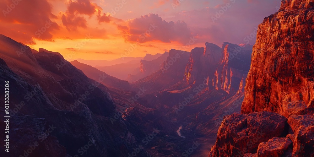 Fototapeta premium A dramatic mountain range at sunset, with a canyon and a sliver of river running through the middle.