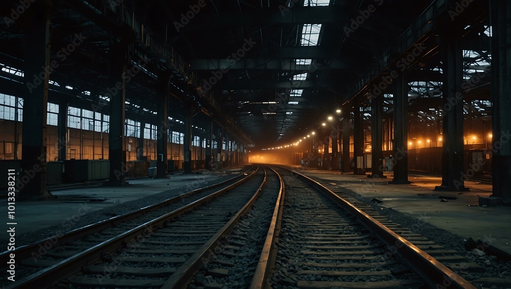 Railway tracks in a lit-up industrial factory. Railway tracks in a lit-up industrial factory.