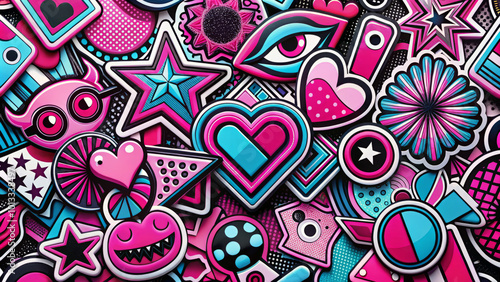 Colorful stickers featuring hearts, stars, and playful designs in vibrant pink and blue tones create lively and fun atmosphere. These eye catching decals are perfect for adding pop of color to any