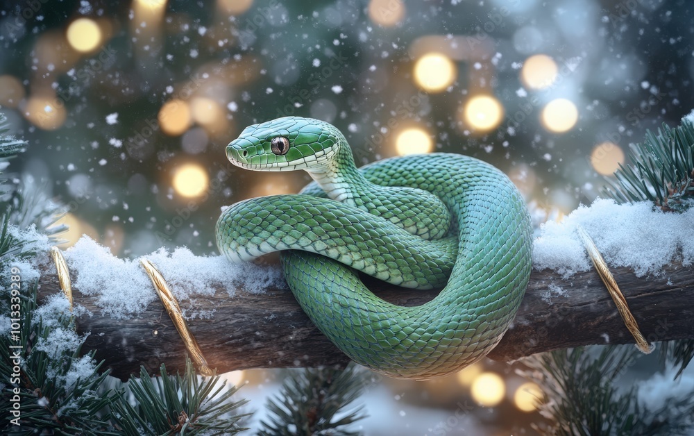 Fototapeta premium A graceful green snake coiled around a wooden branch covered in snow.