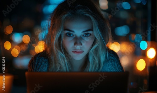 Working Process. Young Creative Caucasian Female Worker Looking Away while Using Laptop Computer in the Dark Evening Office. Businesswoman and e-Business Entrepreneur