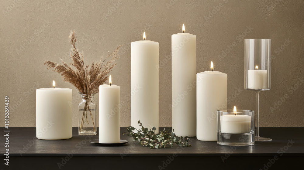 Set of white candles and small greenery sprigs on a black table, clean and refined look, soft lighting, Minimalist Thanksgiving Decor, Elegant Contrast Set of white candles and small greenery sprigs on a black table, clean and refined look, soft lighting, Minimalist Thanksgiving Decor, Elegant Contrast