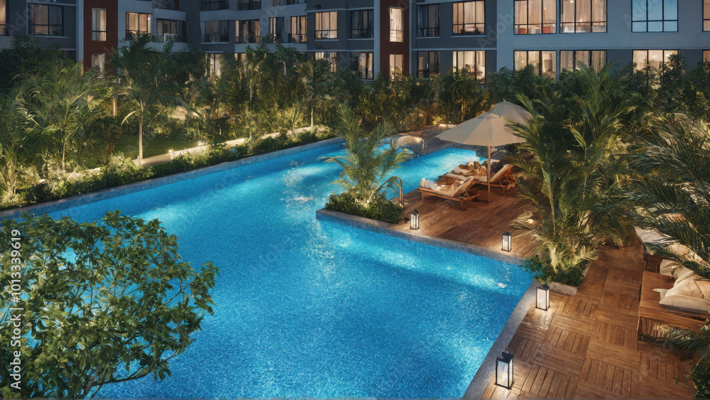 A serene Swimming pool area with lush greenery, comfortable lounge chairs, and ambient lighting A serene Swimming pool area with lush greenery, comfortable lounge chairs, and ambient lighting