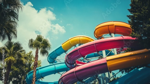 A set of colorful water slides in an outdoor aquapark, twisting into the distance, surrounded by palm trees and summer sky