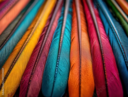 A collection of colorful feathers arranged in a harmonious pattern, capturing the elegance and diverse beauty of textures and colors in artistic expression. photo