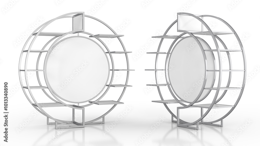 Retail metal round display rack mockup. Product advertising. 3d illustration set on white background Retail metal round display rack mockup. Product advertising. 3d illustration set on white background