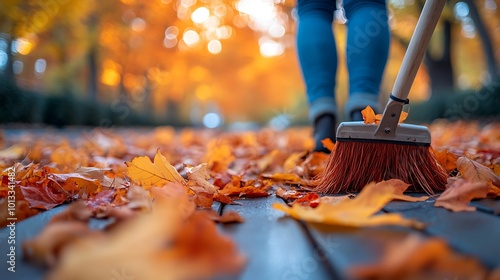Person sweeping fallen autumn leaves from wooden walkway.