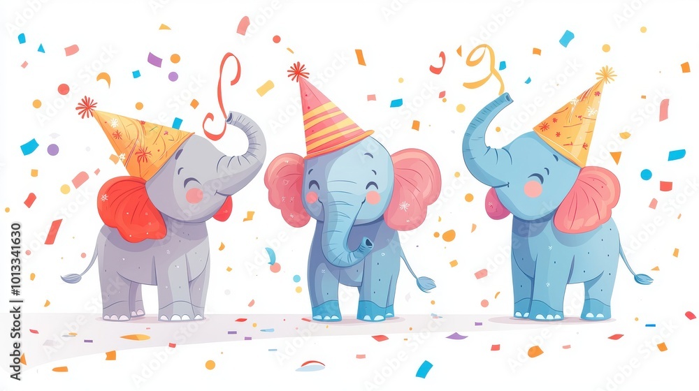 Obraz premium Happy New Year, elephants in party hats with streamers, clear background, flat design illustration