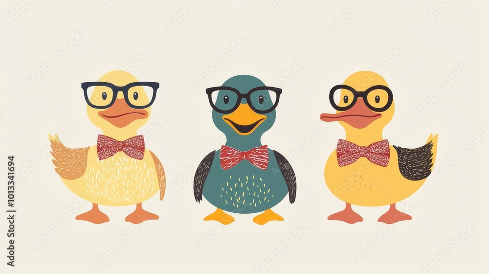 Happy New Year, ducks in bow ties and glasses, clear background, flat design illustration Happy New Year, ducks in bow ties and glasses, clear background, flat design illustration