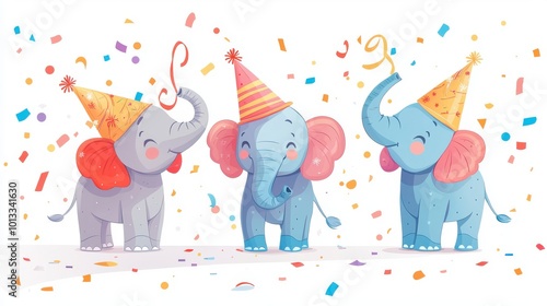 Happy New Year, elephants in party hats with streamers, clear background, flat design illustration photo