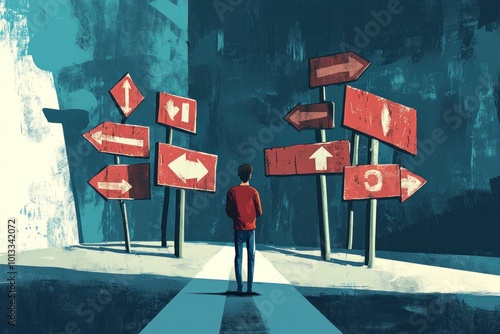 A confused individual at a crossroads, staring at a set of confusing symbols on signs, with arrows pointing in all directions, struggling to make a life decision