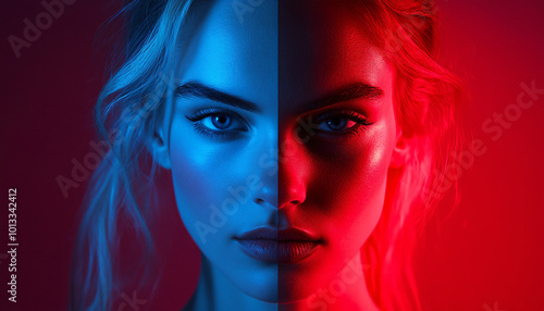 Use two different colored light sources from opposite sides to create a dramatic split lighting effect on the subject's face, where one half is in one color and the other half in a contrasting hue