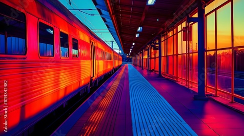 Vibrant train station platform at sunset