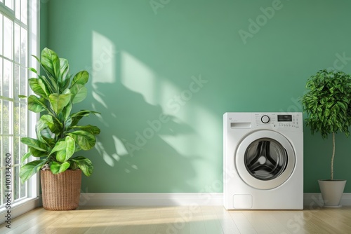 White and green laundry room interior with blank wall, Generative AI