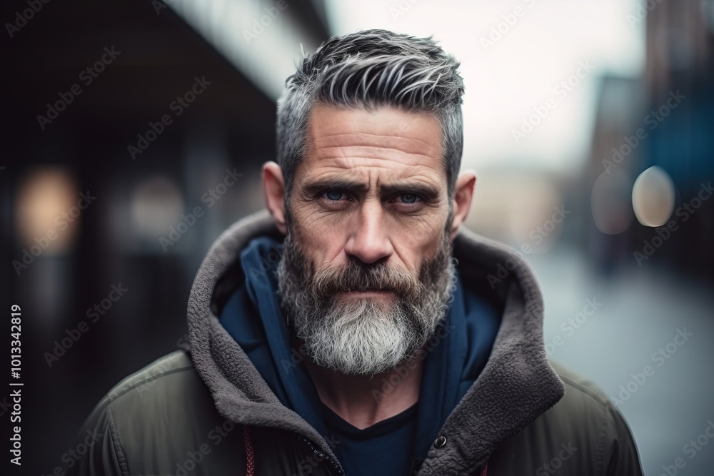Portrait of a handsome senior man with long gray beard and mustache in the city Portrait of a handsome senior man with long gray beard and mustache in the city