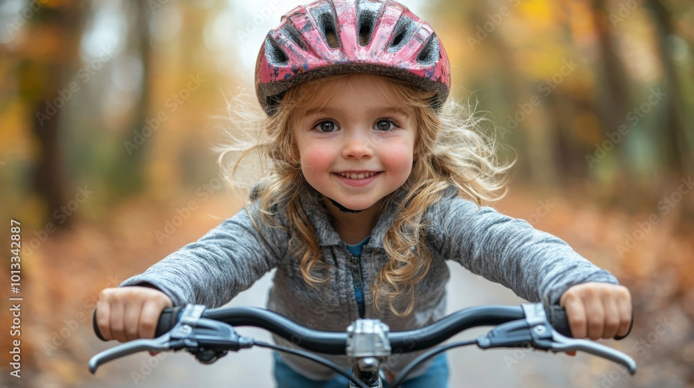 Child Learning to Ride a Bike in Autumn Forest Child Learning to Ride a Bike in Autumn Forest