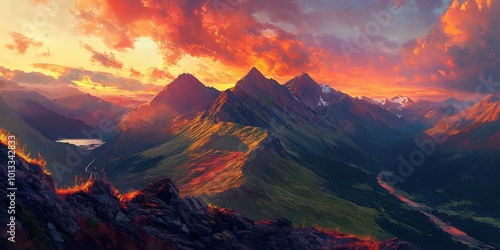 A fiery sunset casts a warm glow over a mountain range, revealing a winding valley below.