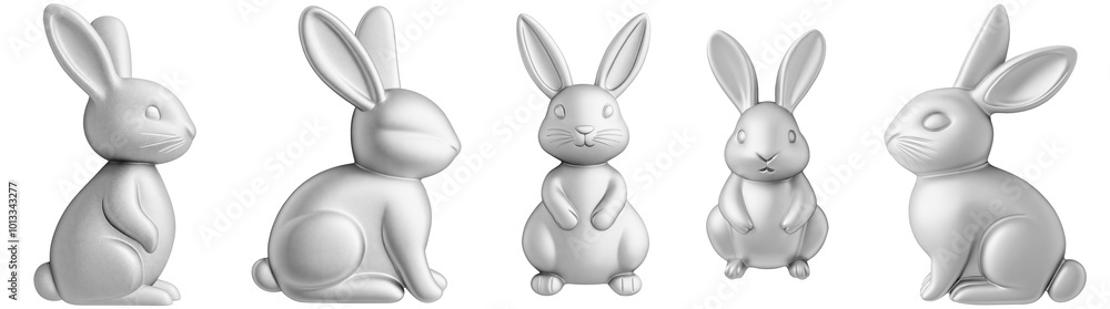 Set of flat silver metallic rabbit, bunny figurine on transparent background. Festive holiday decoration Set of flat silver metallic rabbit, bunny figurine on transparent background. Festive holiday decoration