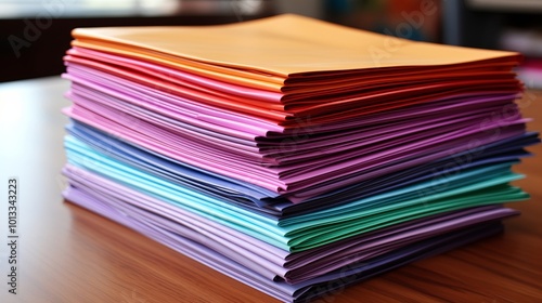 A neat stack of colorful papers organized in a vibrant spectrum, showcasing a spectrum of colors from warm orange to cool purple hues.