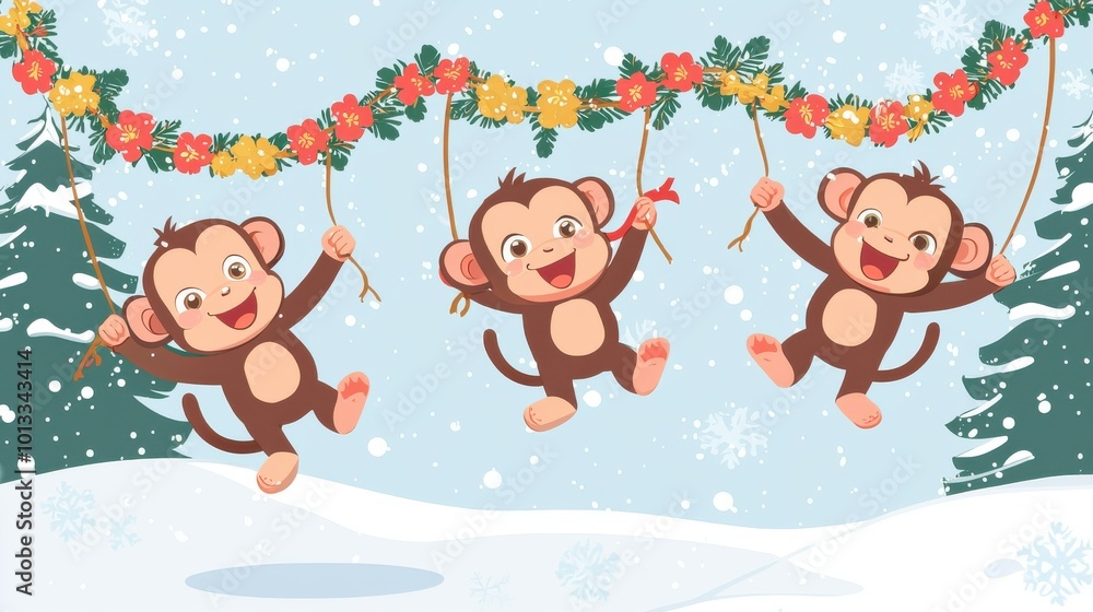 Happy New Year, monkeys swinging with garlands, clear background, flat design illustration Happy New Year, monkeys swinging with garlands, clear background, flat design illustration