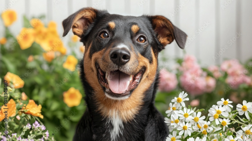 Happy Dog Sitting Among Colorful Flowers Happy Dog Sitting Among Colorful Flowers