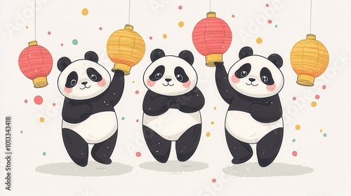 Happy New Year, pandas holding festive lanterns, clear background, flat design illustration photo