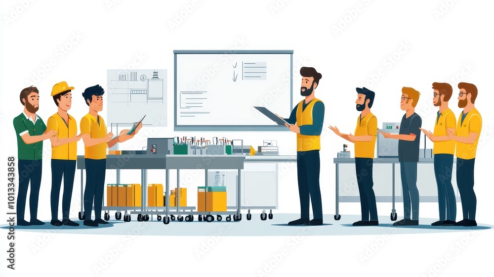 Entrepreneur presenting new strategies to factory workers in a dynamic workshop environment, team collaboration Entrepreneur presenting new strategies to factory workers in a dynamic workshop environment, team collaboration