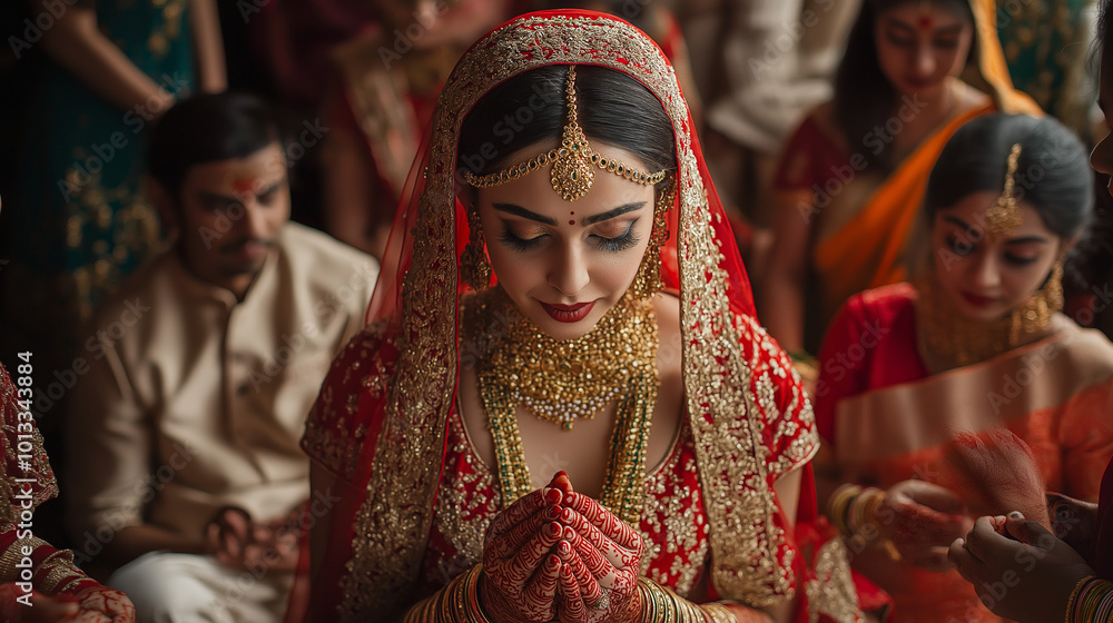 A bride dressed in an opulent red and gold lehenga at a Traditional Indian wedding, surrounded by family as she prepares for the ceremony A bride dressed in an opulent red and gold lehenga at a Traditional Indian wedding, surrounded by family as she prepares for the ceremony