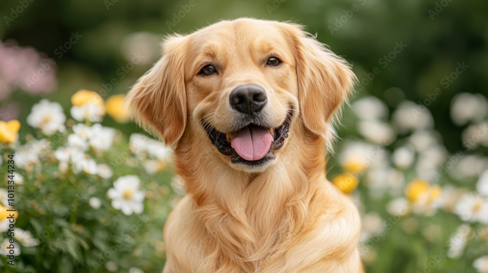 Happy Dog Sitting Among Colorful Blooms Happy Dog Sitting Among Colorful Blooms