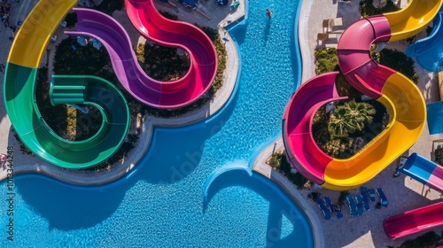 Outdoor aquapark scene with multiple colorful water slides, curving and descending towards a sparkling blue pool, summer fun atmosphere