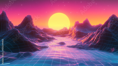Retro Futuristic Sunset with Neon Grid and Mountain Silhouettes