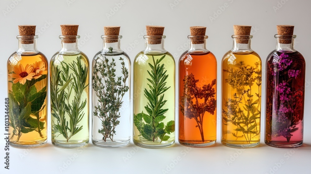 A collection of herbal-infused oils in glass bottles. A collection of herbal-infused oils in glass bottles.