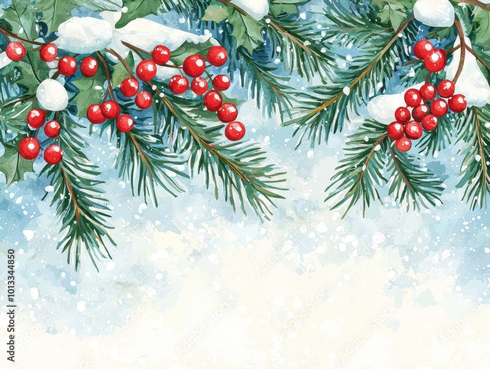 Snowy Christmas Background with Holly and Berries Snowy Christmas Background with Holly and Berries