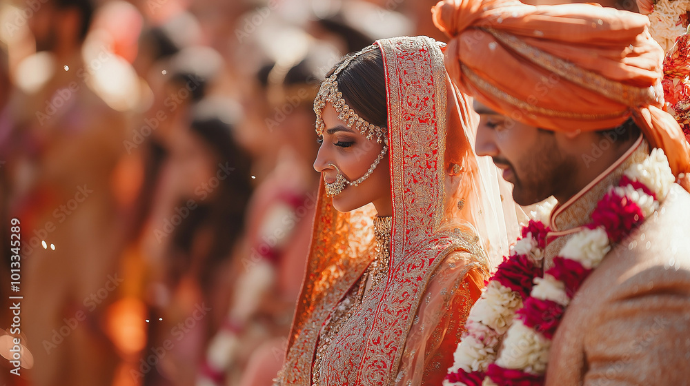 Fototapeta premium A bride and groom in a Traditional Indian wedding ceremony with richly embroidered saree and sherwani surrounded by family during the sacred rituals