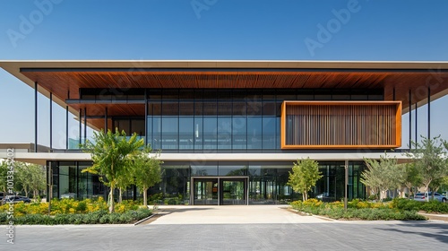 Wallpaper Mural modern commercial building exterior with glass facade and wooden accents Torontodigital.ca