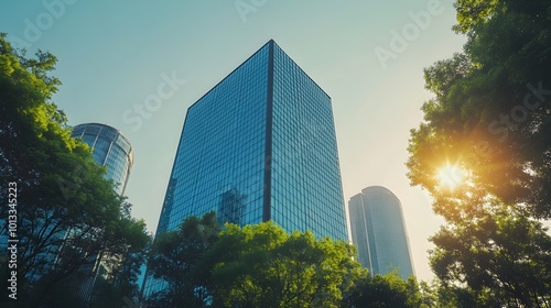 modern skyscraper surrounded by trees and sunlight