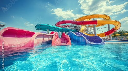 Vibrant set of water slides in an outdoor aquapark, curving down towards clear water, surrounded by a bright summer sky