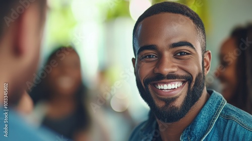 A man with a happy smile, surrounded by friends in a celebratory atmosphere, showing genuine joy and camaraderie through his expression.