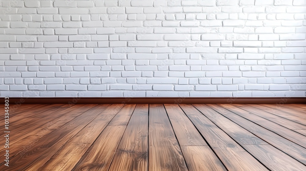Empty Wooden Floor with White Brick Wall Background Empty Wooden Floor with White Brick Wall Background
