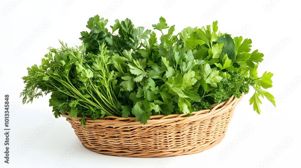 Realistic spread of mixed herbs (basil, parsley, cilantro) in a small wicker basket on a white background Realistic spread of mixed herbs (basil, parsley, cilantro) in a small wicker basket on a white background