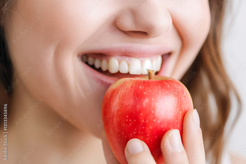 woman bites a ripe apple with white even teeth, close-up woman bites a ripe apple with white even teeth, close-up