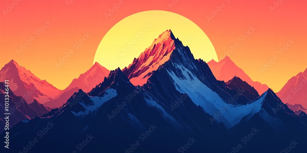 A large mountain range with a bright yellow sun setting behind them. A large mountain range with a bright yellow sun setting behind them.
